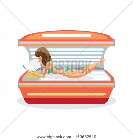 Young woman tanning in solarium and reading a book. Vector flat cartoon illustration isolated on a white background