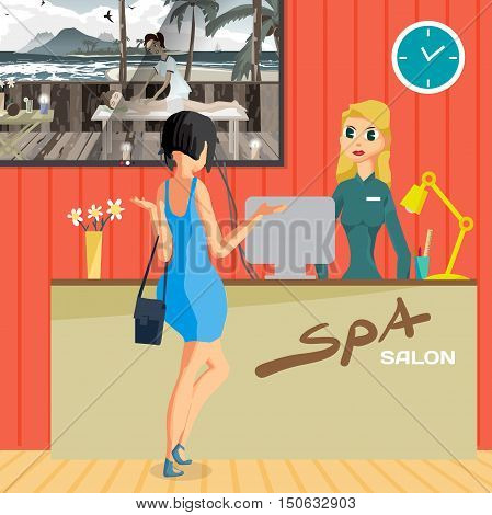 Beauty Salon Spa reseption. Woman writes on interior treatments. Vector flat cartoon illustration