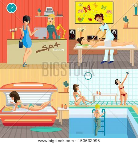 Beauty salon interior concept banners. Reception massage solarium and sauna. Women in spa and beauty studio vector illustration flat cartoon style