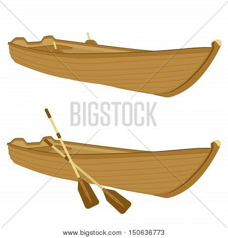 Vector illustration wooden boat with paddles oars isolated on white background.