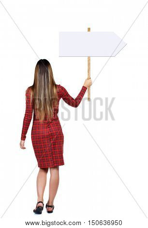 Back view woman showing sign board. man holds information plate. Rear view people collection. backside view of person. Isolated over white background. Long-haired girl in a red dress holding a pointer