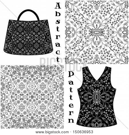Set Seamless Floral Patterns, Black Contours Isolated on White Background, Elements for Your Design, Prints and Banners, For the Example Presented in a Female Top and a Bag. Vector