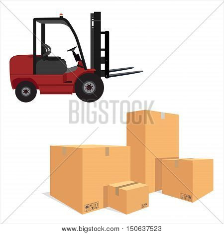 Vector illustration pile of cardboard boxes isolated on a white background. Loader car for carton box delivering. Delivery service icon