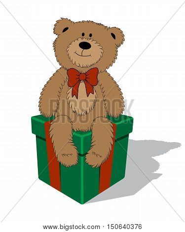 Fanny cartoon teddy bear with bow sitting on the gift box. Vector illustration.