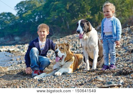 Two children, two large dogs on the coast