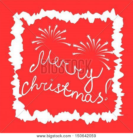 Merry Christmas! Hand-Written Letters and Firework in White Frame on Red Background. Christmas Card. Vector Illustration.