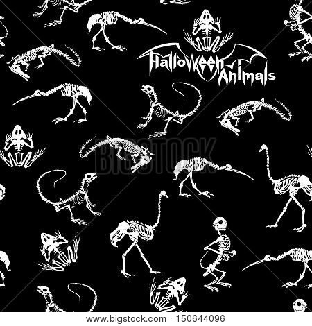 Halloween animals - white skeletons of reptiles (crocodiles lizards frogs) monkeys and birds (ostriches and herons) on black background. Seamless pattern.