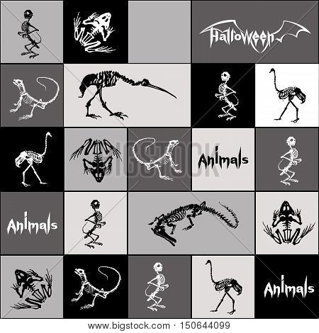 Halloween animals - black and white skeletons of reptiles (crocodiles lizards frogs) monkeys and birds (ostriches and herons) in grey black white squares and rectangles. Seamless pattern.