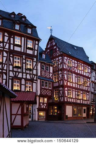 Houses decorated for Christmas in the center  of Bernkastel-Kues.