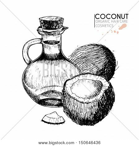 Coconuts slices bottle oil. Use for cosmetic package shop store products spa salon wellnes program procedure skin hair care