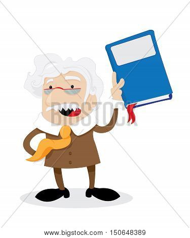 Fa vector cartoon representing a funny professor in a brown suit, talking and showing a big blue covered book, with a blank tag in place of title