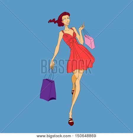 The beautiful girl of fashion with long legs. Shopaholic. Shopping. The beautiful girl of fashion in a red dress. Vector.