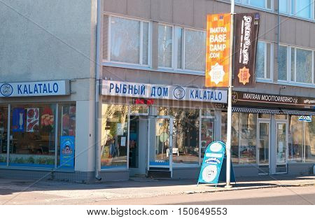 IMATRA, FINLAND - SEPTEMBER 13, 2016: Imatran Kalatalo - fish shop and cafe on Tainionkoski Road. The inscriptions on Finnish and Russian languages