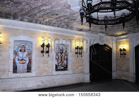 CRICOVA MOLDOVA - October 02: Wall painting in underground famous Cricova wine cellars on October 02 2016 in Cricova Moldova. The wine cellars of Cricova is second largest wine cellar in Moldova.