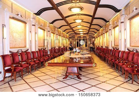 Underground wine sampling hall on October 02 2016. The wine cellars of Cricova is second largest wine cellar in Moldova