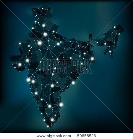 Political night lights map of India with main cities and roads