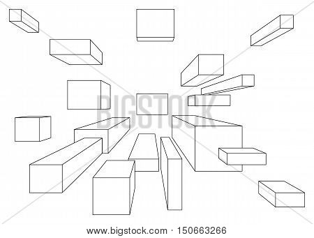 Many cubes in linear perspective with one point of vanishing isolated on white