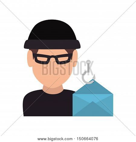 avatar man thief wearing black clothes and  blue envelope icon. vector illustration