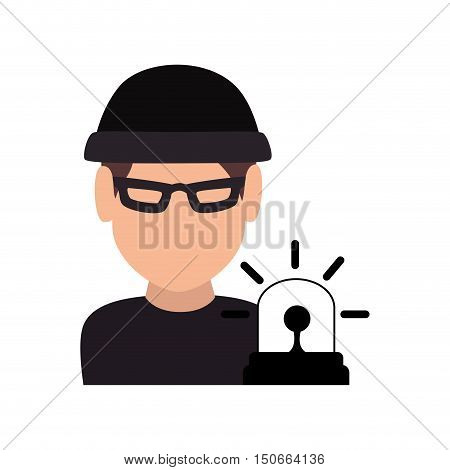 avatar man thief wearing black clothes and  blue siren alarm. vector illustration