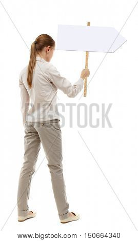 Back view woman showing sign board. man holds information plate. Rear view people collection. backside view of person. Isolated over white background. A girl in a gray jacket holding a pointer in his