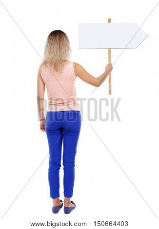 Back view woman showing sign board. man holds information plate. Rear view people collection. backside view of person. Isolated over white background. The blonde in a pink t-shirt holding a pointer on