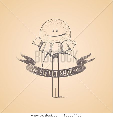 Sweet shop candy store confectionery vector logo icon symbol emblem. Cute funny graphic design element illustration with candy stick lollipop bonbon wrapped caramel character