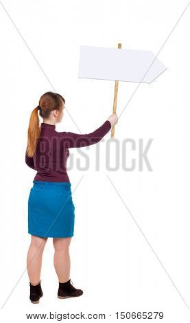 Back view woman showing sign board. man holds information plate. Rear view people collection. backside view of person. Isolated over white background. Girl in blue skirt holding a pointer.