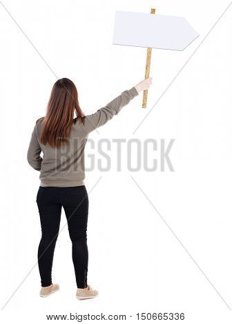 Back view woman showing sign board. man holds information plate. Rear view people collection. backside view of person. Isolated over white background. Full girl in black tights holding a pointer in