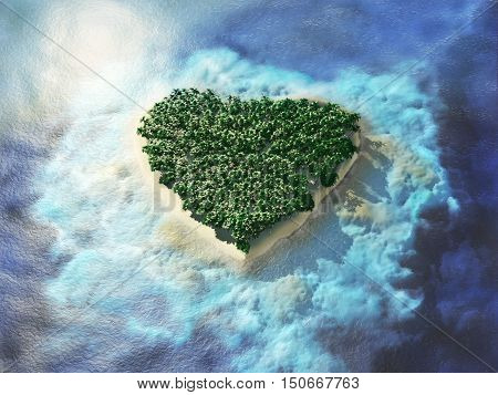 Heart shaped tropical island. An island in the shape of a heart bird's-eye view. Travel 3d illustration.