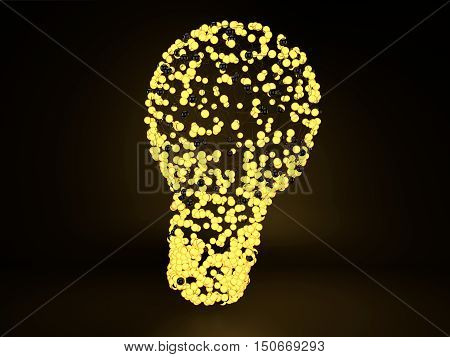 Light bulb made from connected yellow glowing spheres and lines on a dark background. 3d illustration of luminous balls in light bulb shape. Idea concept.