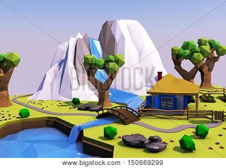 Low polygonal geometric landscape with mountains, trees, river and ukrainian house. Background design for banner, poster, flyer, cover, brochure.