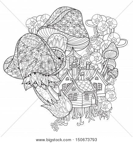 Hand drawn doodle outline magic mushrooms decorated with floral ornaments.Vector zen art illustration.Floral ornament.Sketch for tattoo, poster, children or adult coloring relax anti sress pages.Boho style.