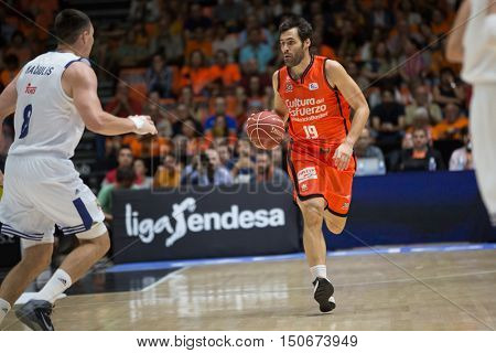 VALENCIA, SPAIN - OCTOBER 6th: San emeterio with ball during spanish league match between Valencia Basket and Real Madrid at Fonteta Stadium on October 6, 2016 in Valencia, Spain