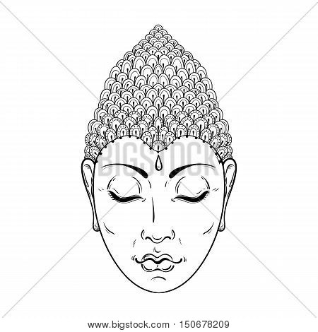 Vector zentangle Portrait of Buddha for ornamental adult coloring pages, Buddhism tattoo art, ethnic patterned t-shirt print. Monochrome hand drawn religion illustration in doodle style.