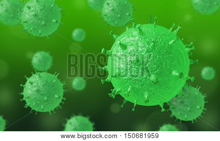 Group of viruses in infected organism. Virus cells selective focus. Bacteria cells high resolution science background. Green virus on a dark background.