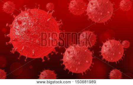 Group of viruses in infected organism. Virus cells selective focus. Bacteria cells high resolution science background. Red virus on a dark background.