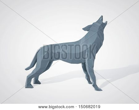 3D illustration of origami wolf howling. Polygonal wolf side view. Geometric style grey wolf.