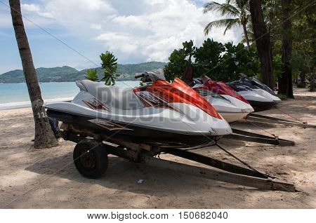PHUKET THAILAND - JULY 252016 : Jet Ski Boat moored on the beach for the discerning traveler at Patong beach 252016 at Patong beach Phuket Thailand