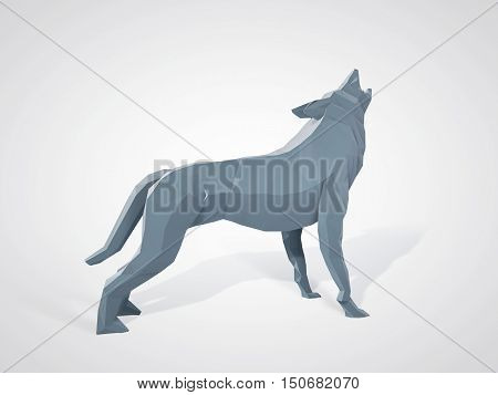 3D illustration of origami wolf howling. Polygonal wolf side view. Geometric style grey wolf.