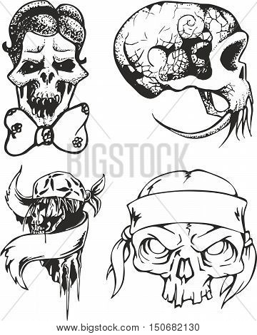 Set of fantasy tribal tattoo sketches with human skulls - joker monster pirate and ninja