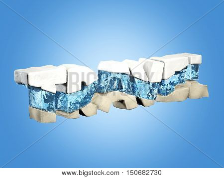 Word travel made from snow, water and sand, on blue backgroung, travel concept, 3d illustration