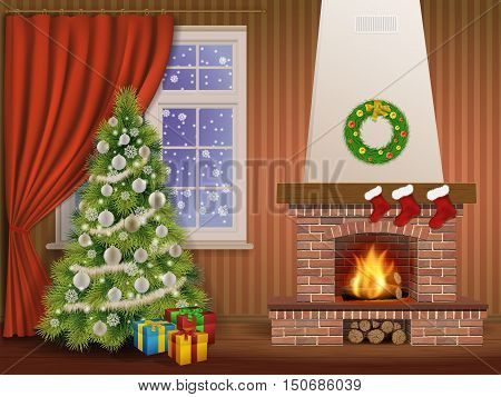 Christmas interior with fireplace and pine tree decorated christmas balls and wreath. Vector illustration.