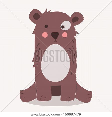 Cute brown bear sitting on the ground on beige background vector illustration