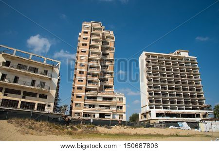 Palm Beach and with abandoned hotels at Varosha ghost town Famagusta Northern Cyprus