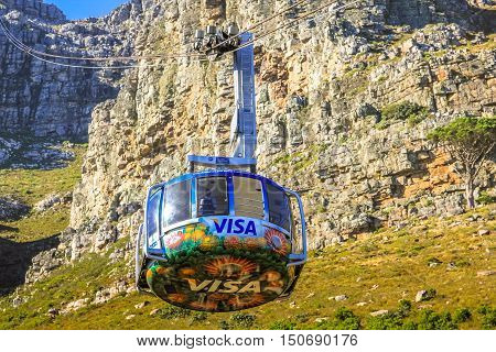 Cape Town, South Africa - January 11, 2014: close up of the cable car's beams to the top of the famous Table Mountain National Park. Aerial Cableway popular tourist attraction in Cape Town.