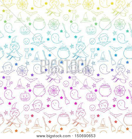 Halloween seamless pattern. Pumpkin, Ghosts, Cats, Skulls, Bats and other symbols.