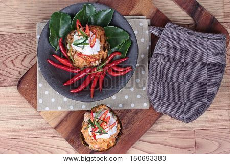 Streamed vegetable curry in banana leaf cup call 