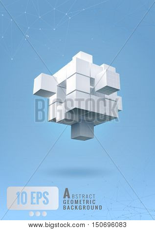 Abstract geometric cube and wireframe set on blue background