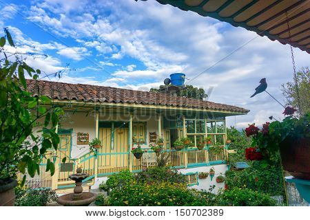Beautiful garden and colonial architecture in Salento Colombia