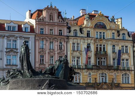 Architecture And Jan Hus Memorial On Old Town Square In Prague